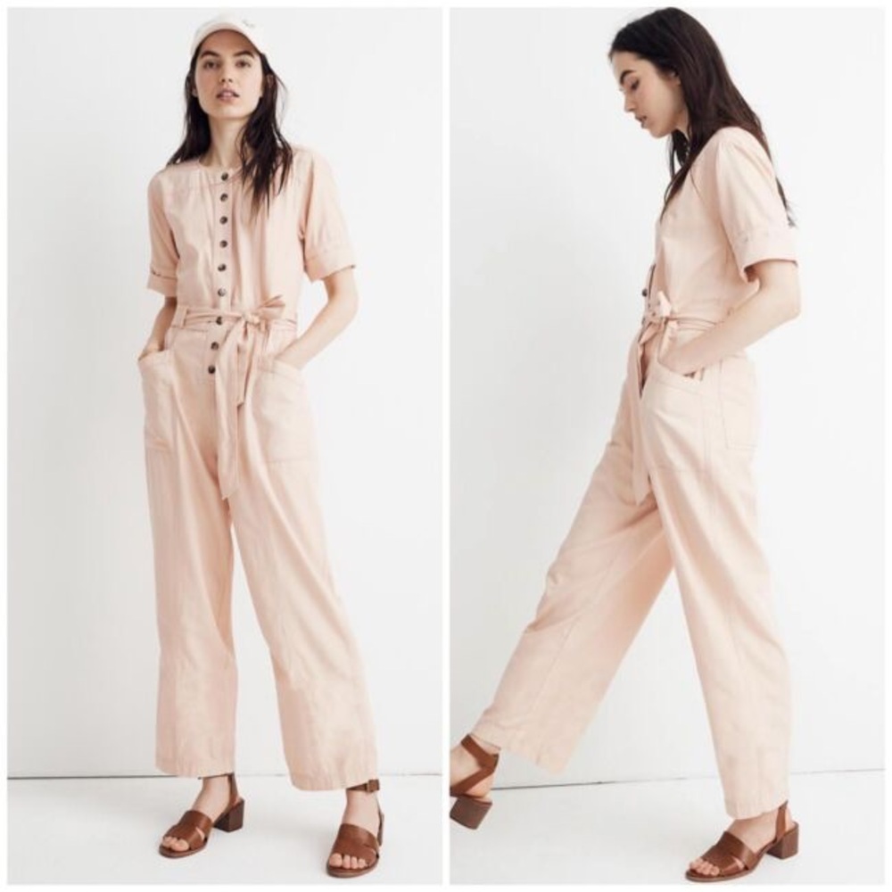 Madewell Top-Stitched Coverall Utility Straight Leg Jumpsuit Blush Pink